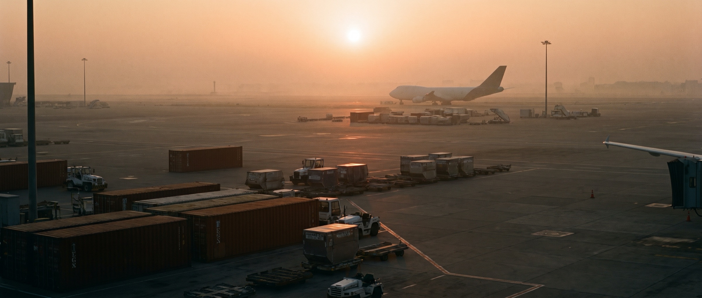 Cargo aircraft and containers on a freight apron at dawn
