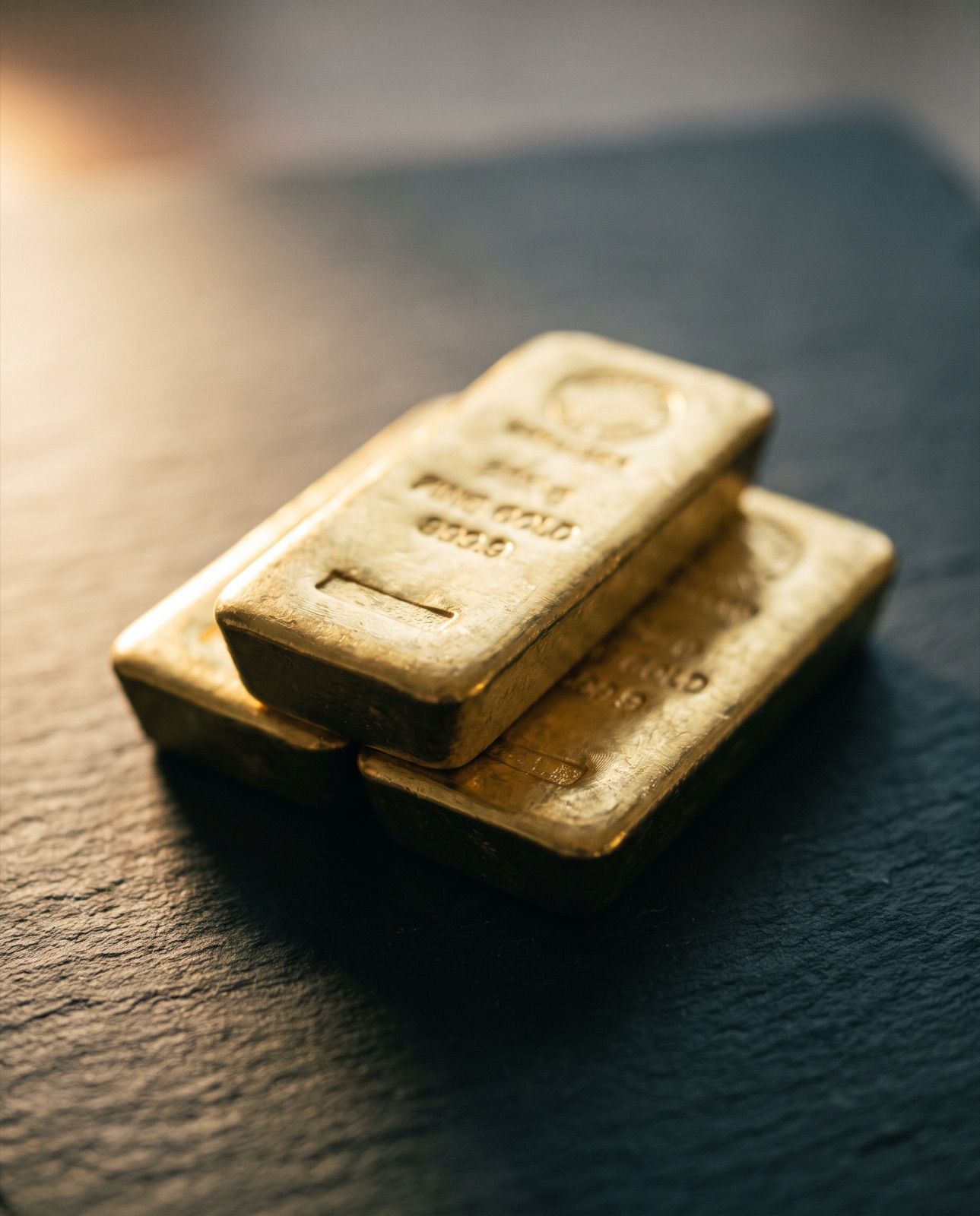 Cast gold bars stacked on slate