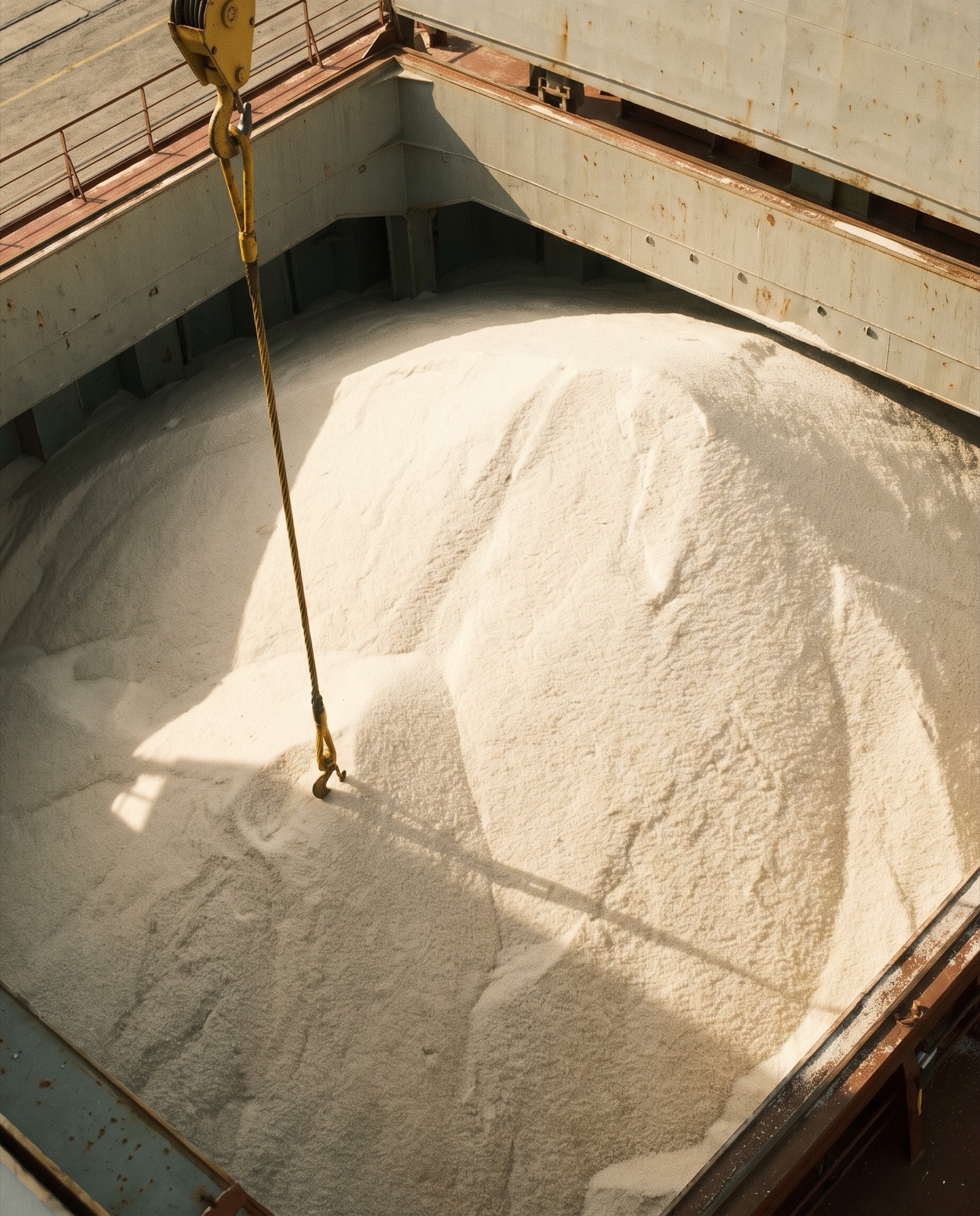Bulk carrier hold filled with white sugar