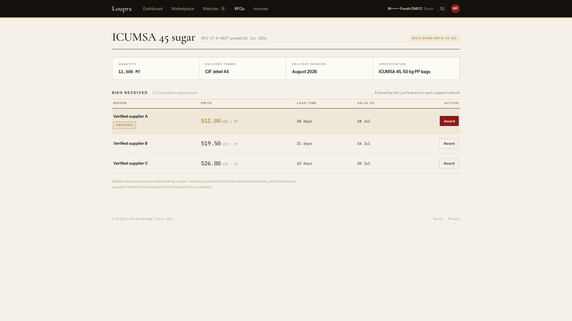 Loupra RFQ screen showing three supplier bids